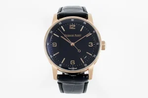 Audemars Piguet CODE 1159 Blue Dial Three Hand Automatic Watch - Rose Gold Case with Black Leather Strap, 42mm