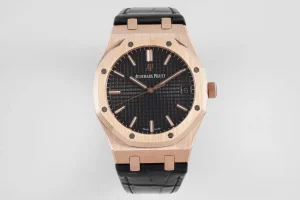 Audemars Piguet Royal Oak Black Dial Black Leather Strap 15500 Rose Gold Watch