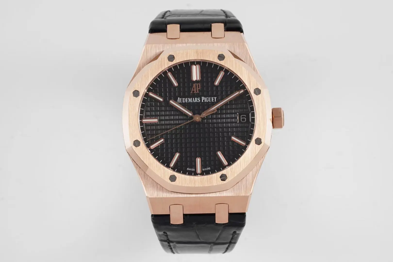 Audemars Piguet Royal Oak Black Dial Black Leather Strap 15500 Rose Gold Watch