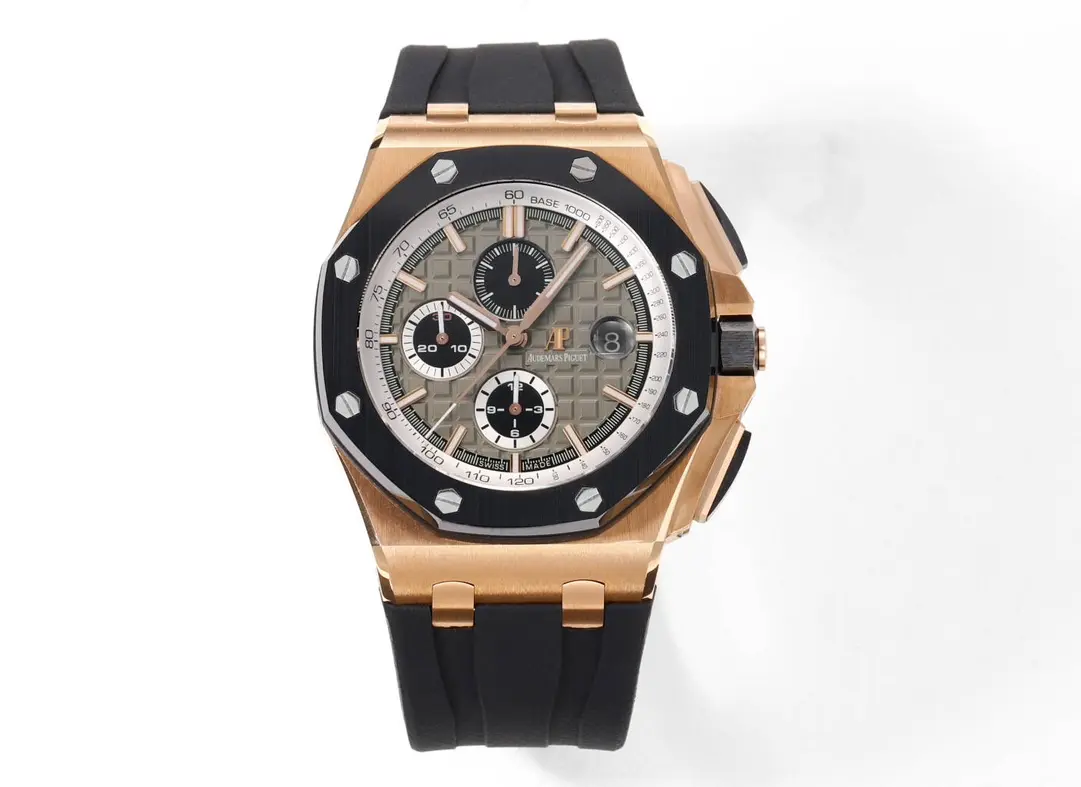 Audemars Piguet Royal Oak Offshore Chronograph Watch in Rose Gold with Black Rubber Strap and Grey Dial