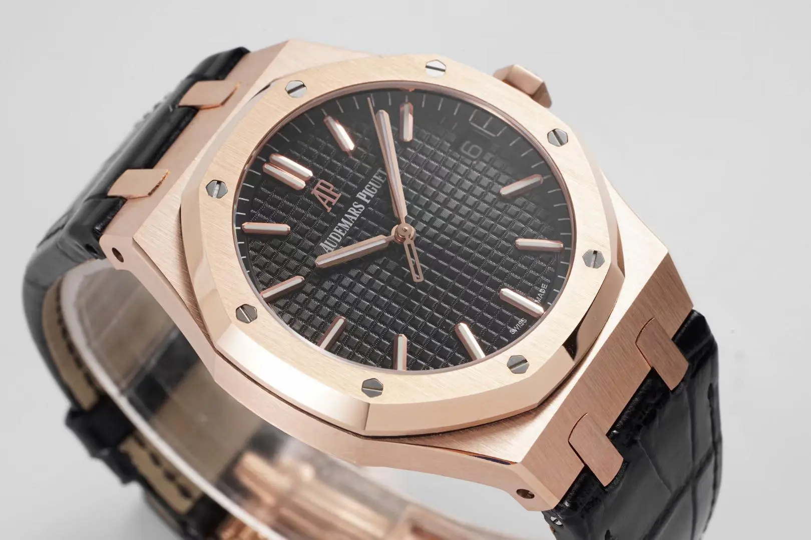 Audemars Piguet Royal Oak Black Dial Black Leather Strap 15500 Rose Gold Watch - Image 3