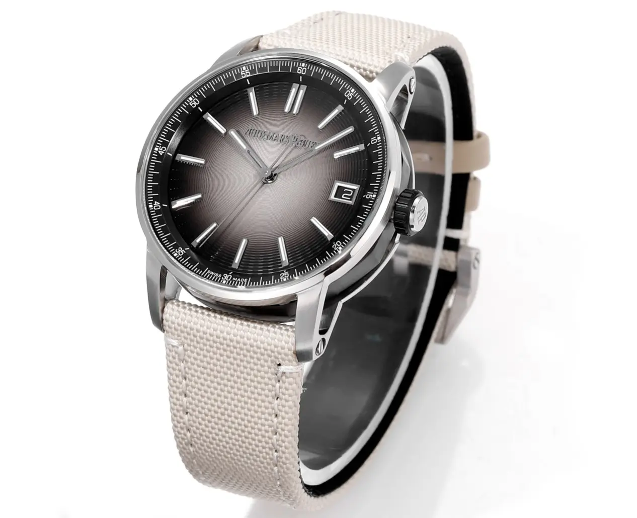 Audemars Piguet CODE 1159 Stainless Steel Watch with Smoked Dial, Beige Fabric Strap and 41mm - Image 3