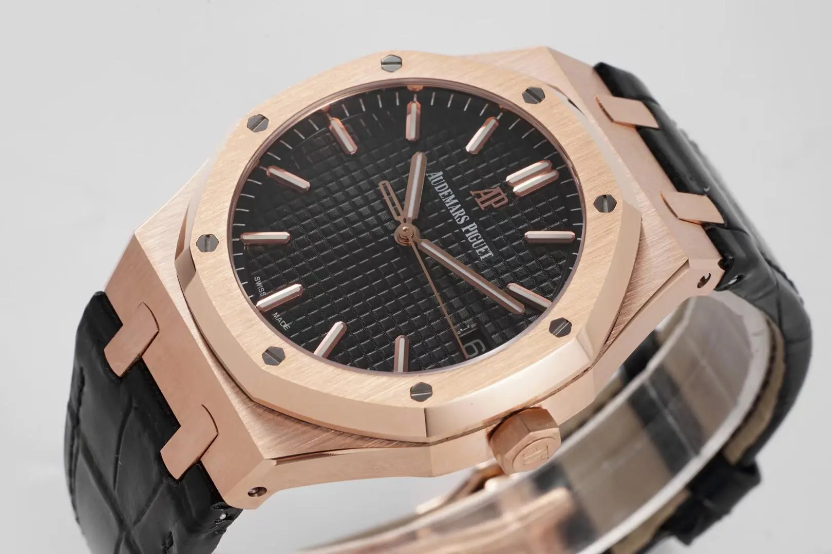 Audemars Piguet Royal Oak Black Dial Black Leather Strap 15500 Rose Gold Watch - Image 4