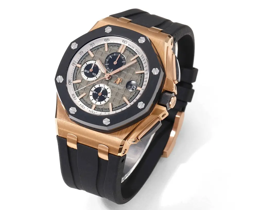 Audemars Piguet Royal Oak Offshore Chronograph Watch in Rose Gold with Black Rubber Strap and Grey Dial - Image 4