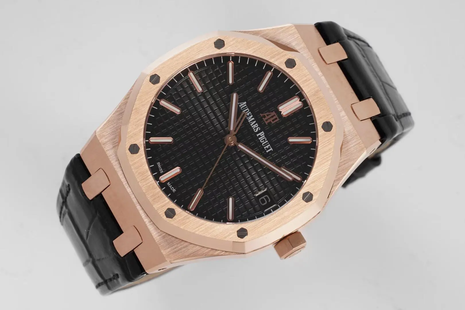Audemars Piguet Royal Oak Black Dial Black Leather Strap 15500 Rose Gold Watch - Image 5