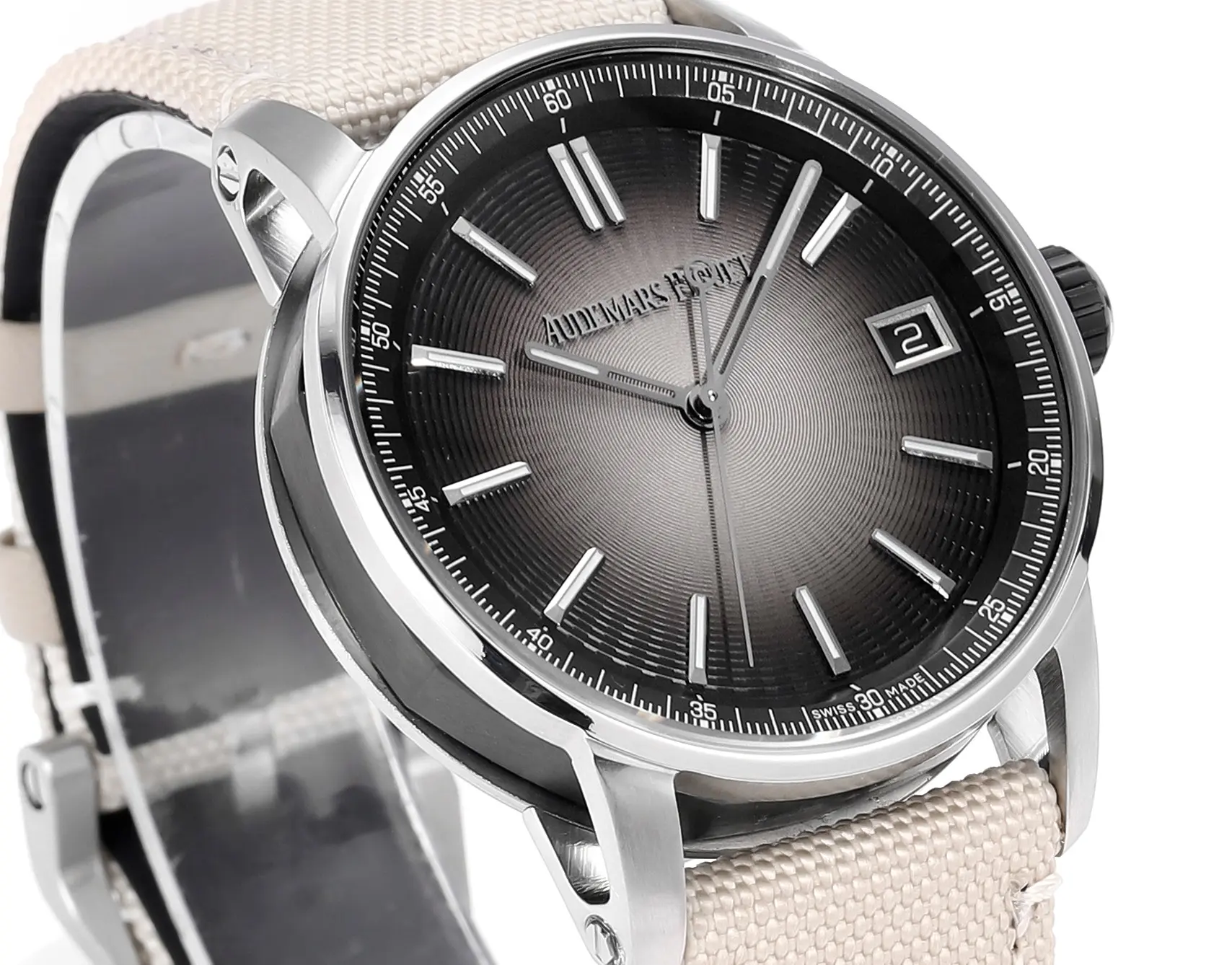 Audemars Piguet CODE 1159 Stainless Steel Watch with Smoked Dial, Beige Fabric Strap and 41mm - Image 4