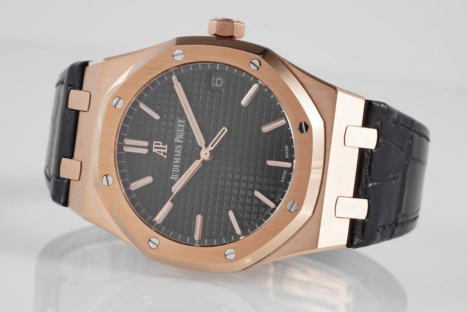 Audemars Piguet Royal Oak Black Dial Black Leather Strap 15500 Rose Gold Watch - Image 6