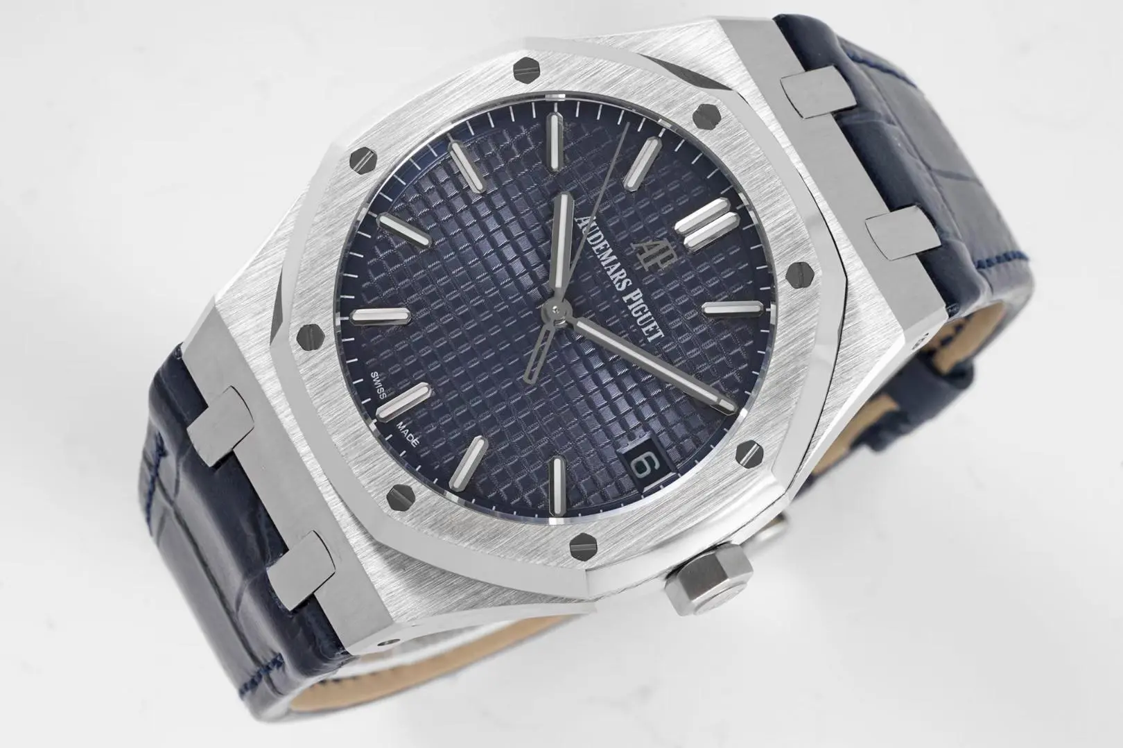 Audemars Piguet Royal Oak Stainless Steel Watch 15500 with Blue Dial on Leather Strap - Image 6