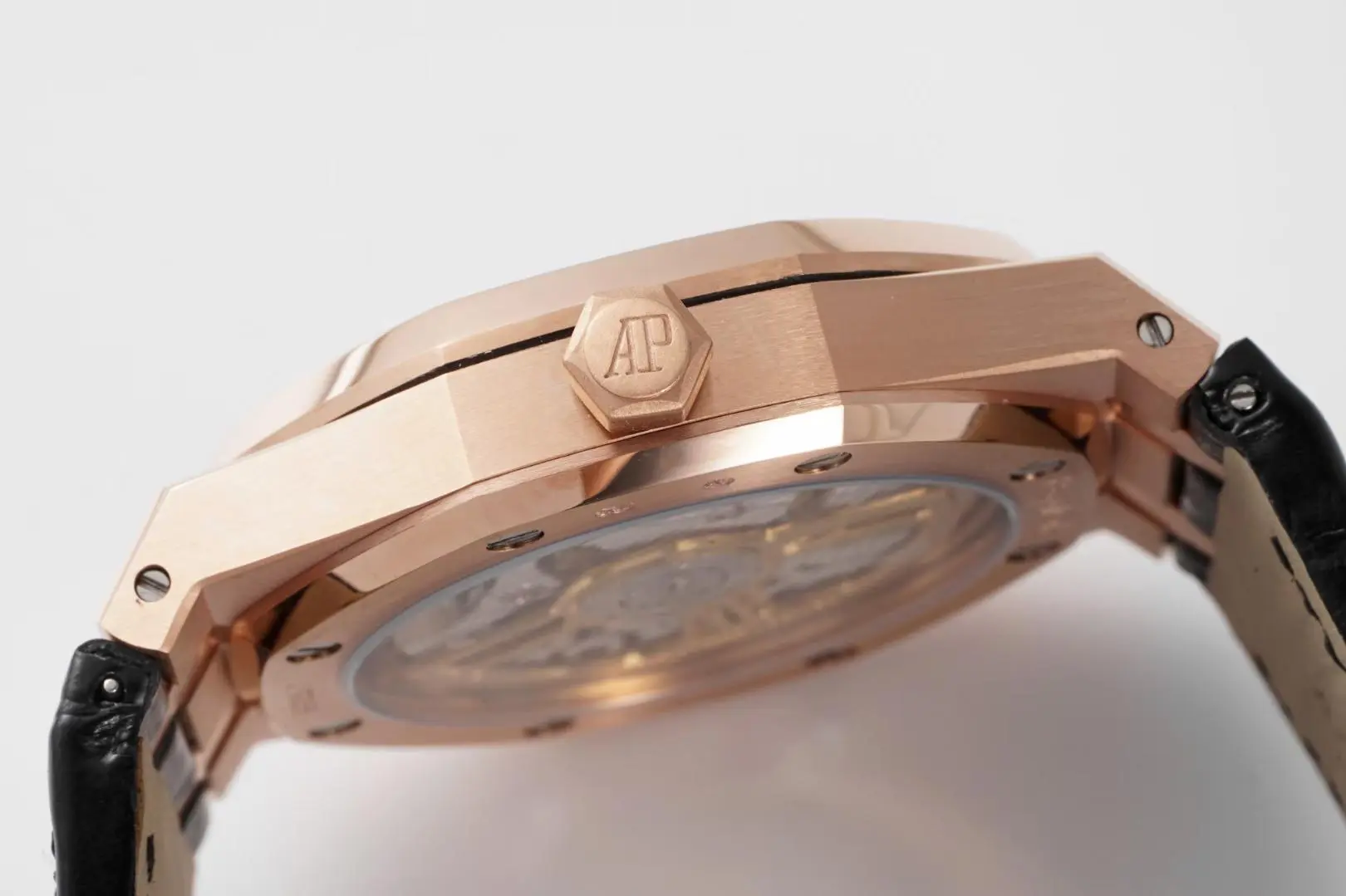Audemars Piguet Royal Oak Black Dial Black Leather Strap 15500 Rose Gold Watch - Image 7